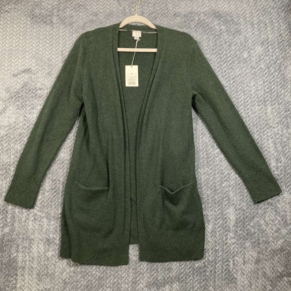 A New Day Cardigan Womens M Olive Open Front Long Sleeve Pockets NEW Fall Cozy